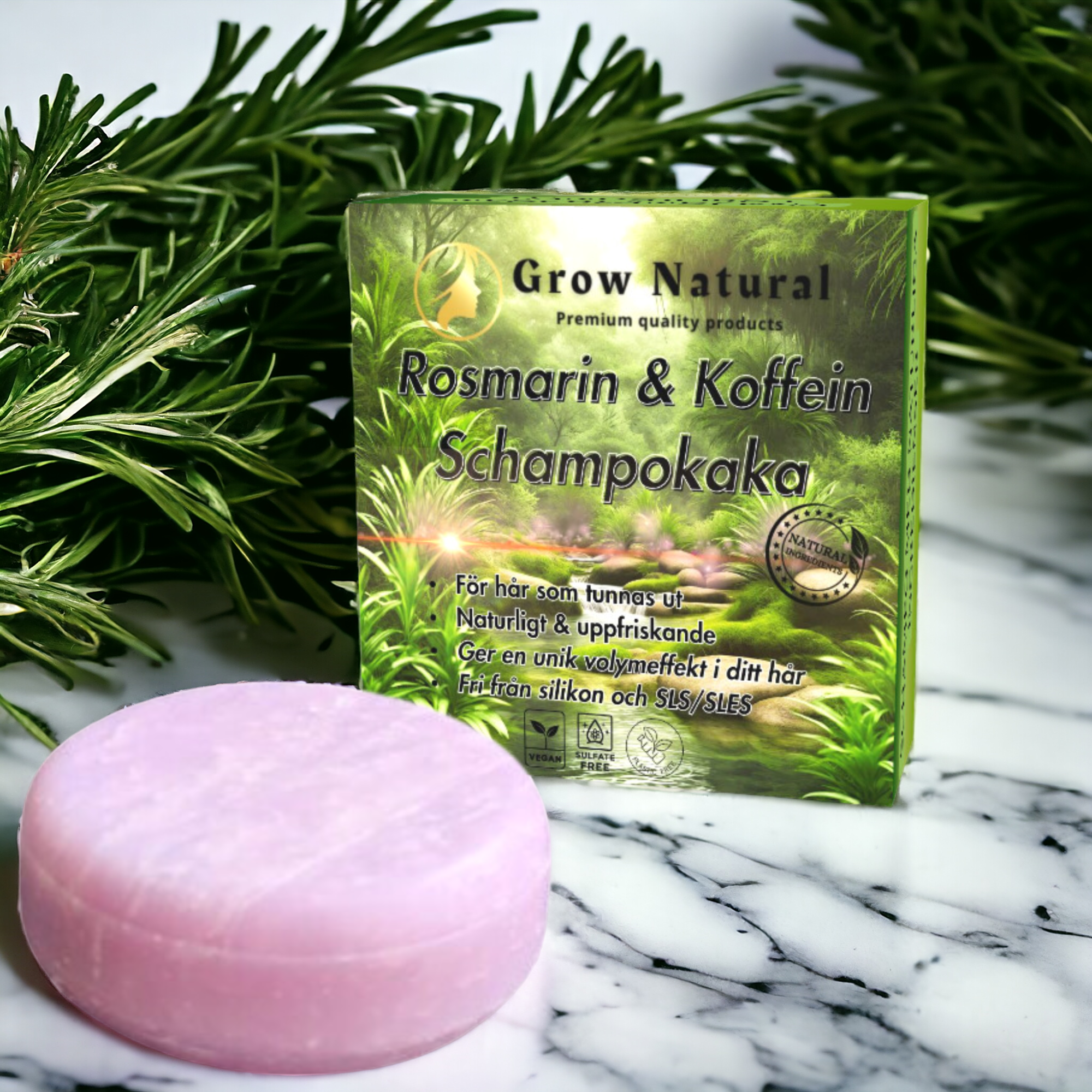 Grow Natural™ Rosmarin & Koffein schampo med produktförpackning