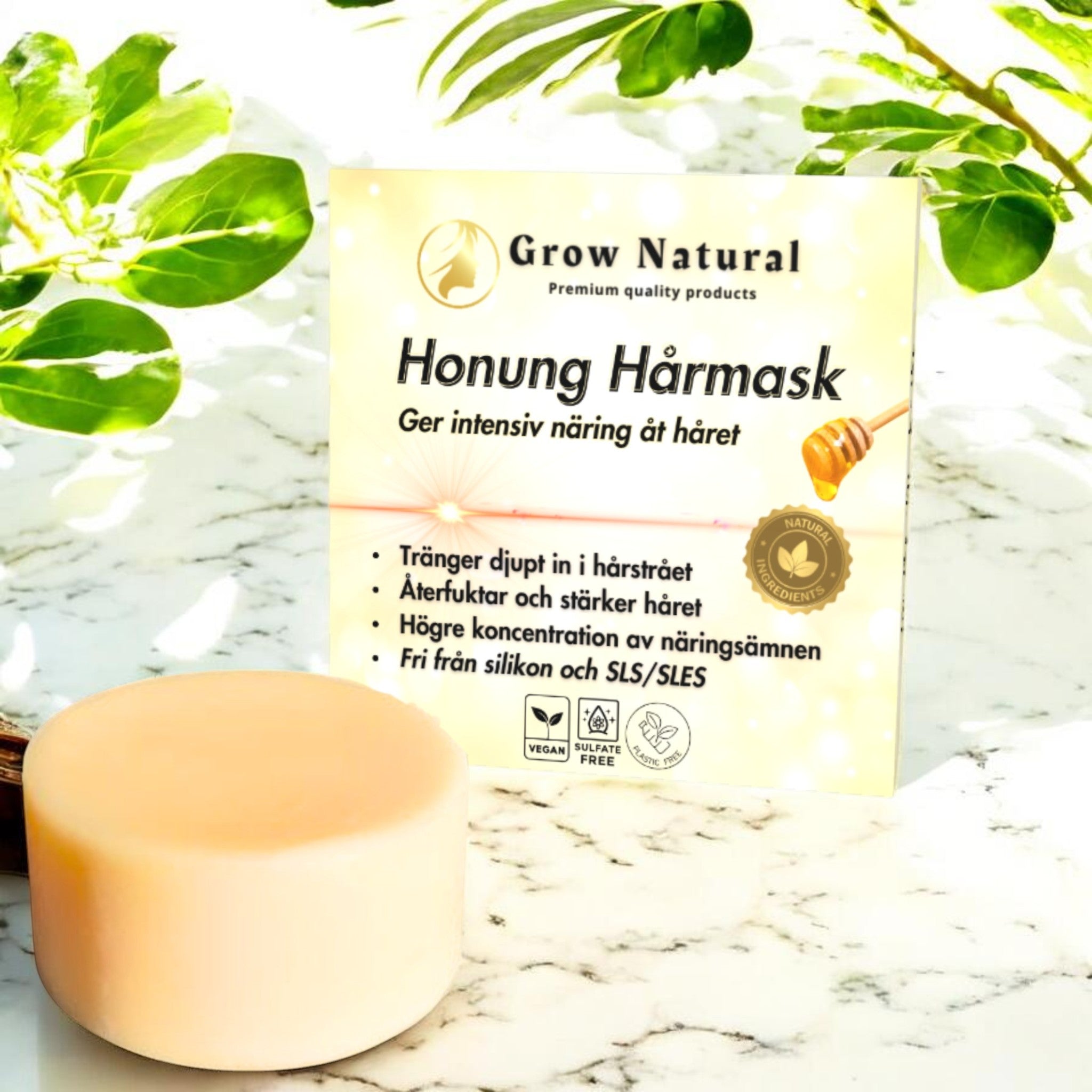 Honung hårmask i fast form som ger intensiv näring till håret från Grow Natural