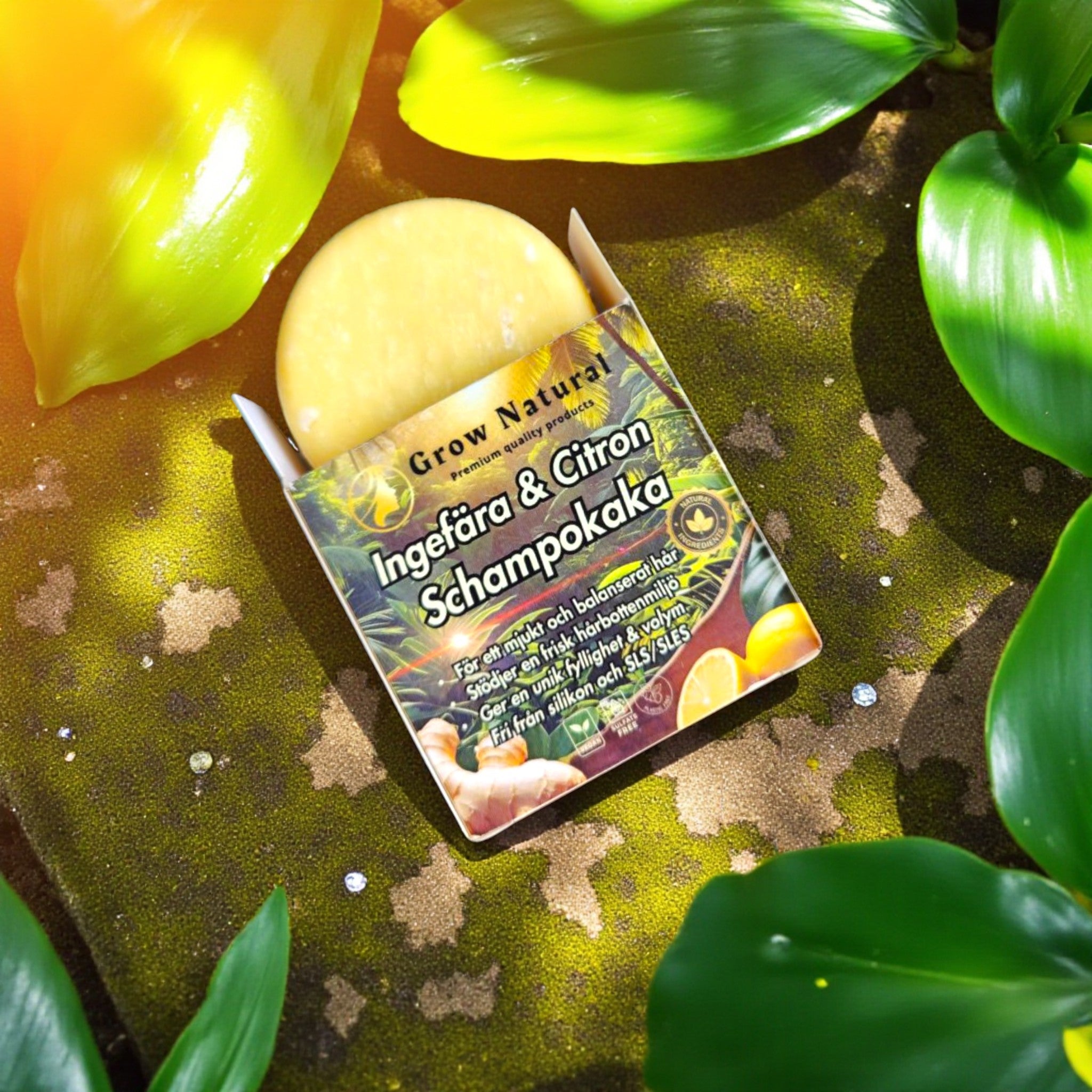 Grow Natural™ – Ingefära & Citron schampo förpackning i varm naturbelysning