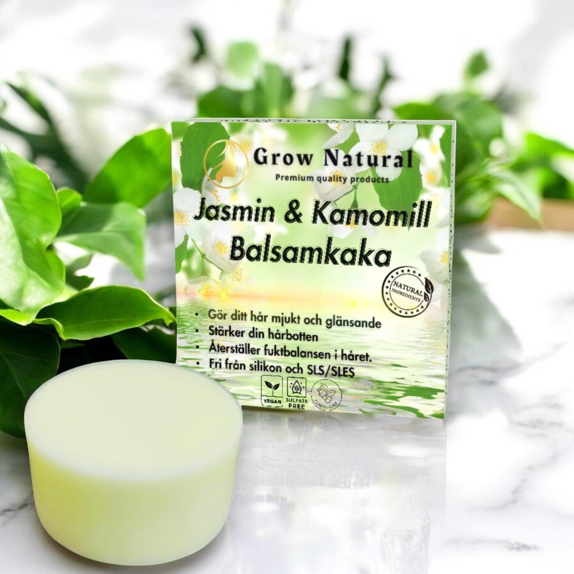 Grow Natural™ – Jasmin & Kamomill Balsam – produktbild i grön naturmiljö