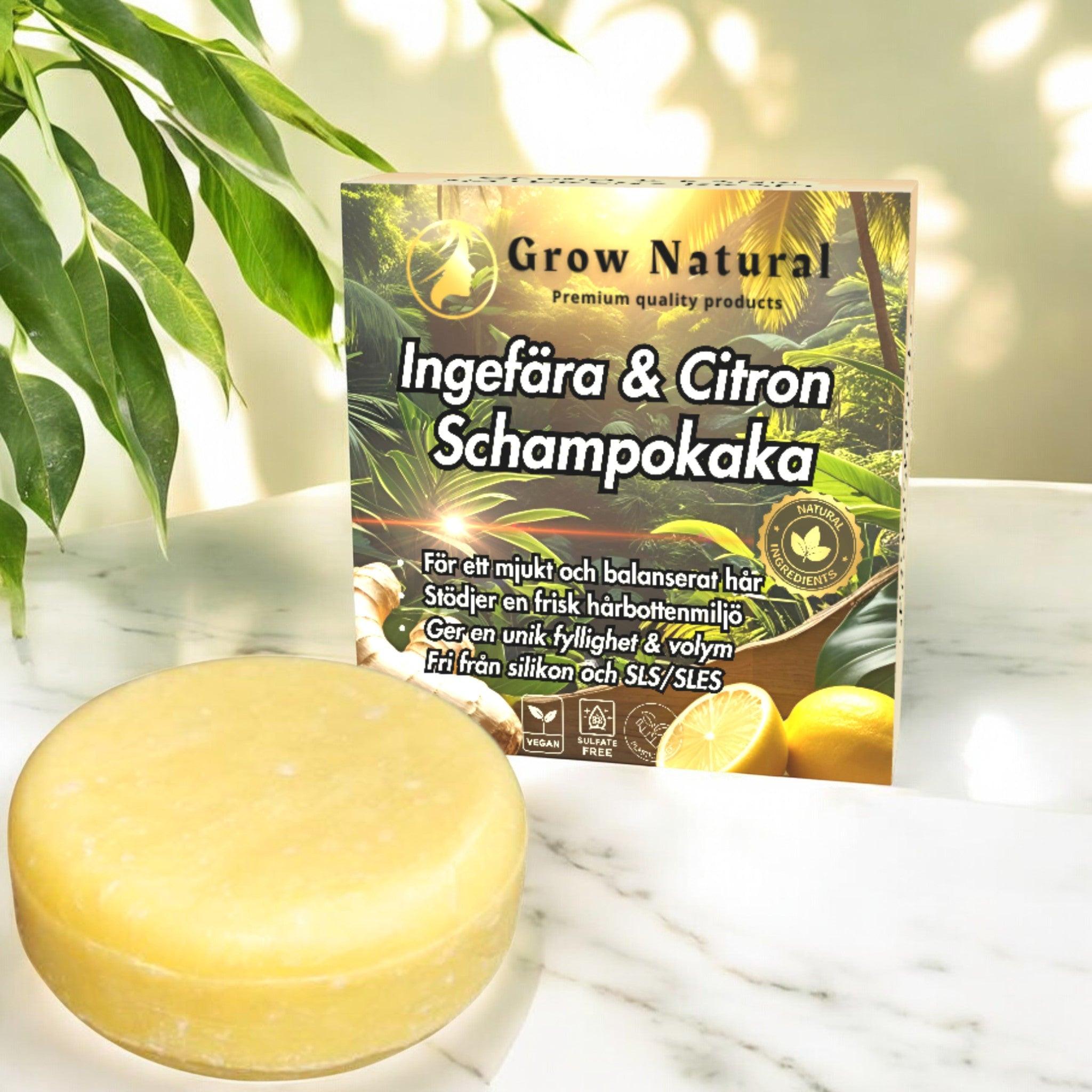 Grow Natural™ – Ingefära & Citron schampokaka med förpackning i naturmiljö