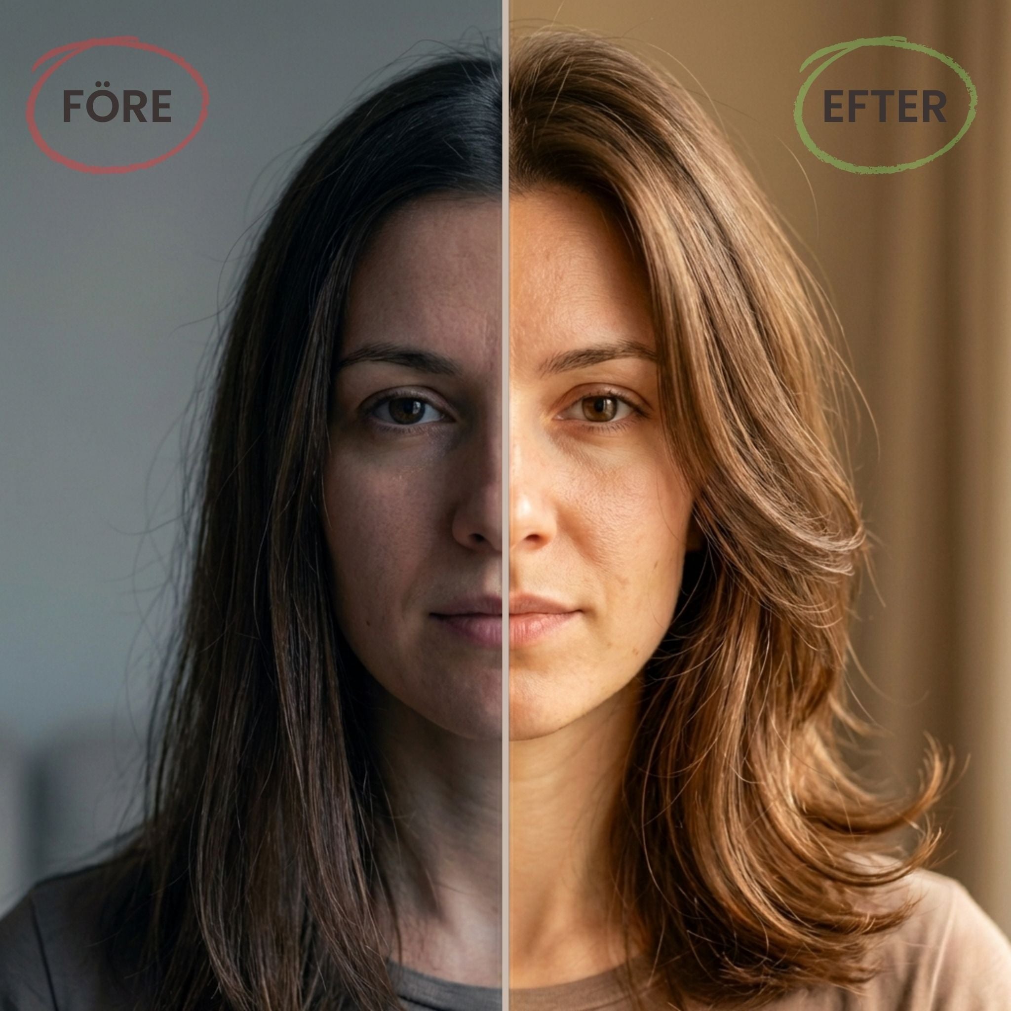 Före och efter användning av Mango & Papaya balsam – mjukare och glansigare hår