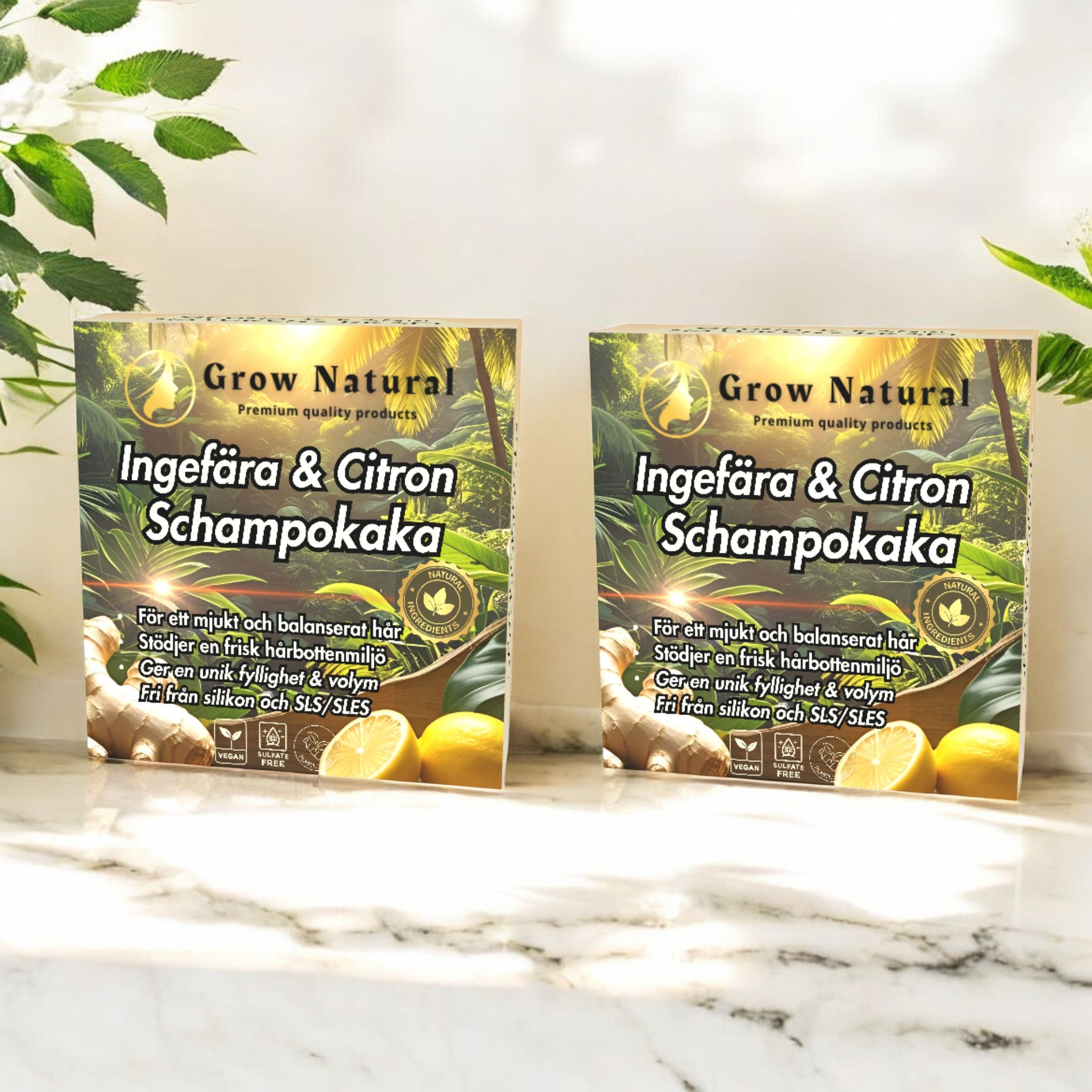 Grow Natural™ – Ingefära & Citron schampo två produktbilder framför gröna blad