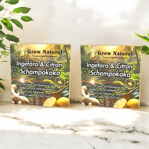 Grow Natural™ – Ingefära & Citron schampo två produktbilder framför gröna blad