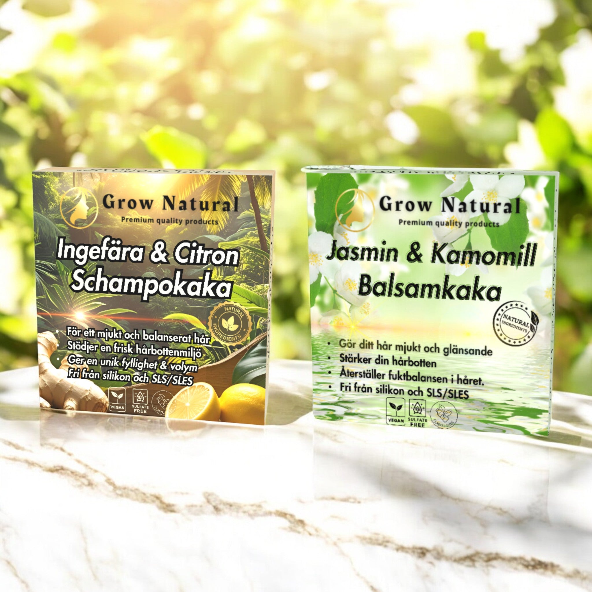 Grow Natural™ – Ingefära & Citron schampokaka fotograferad utomhus med växter