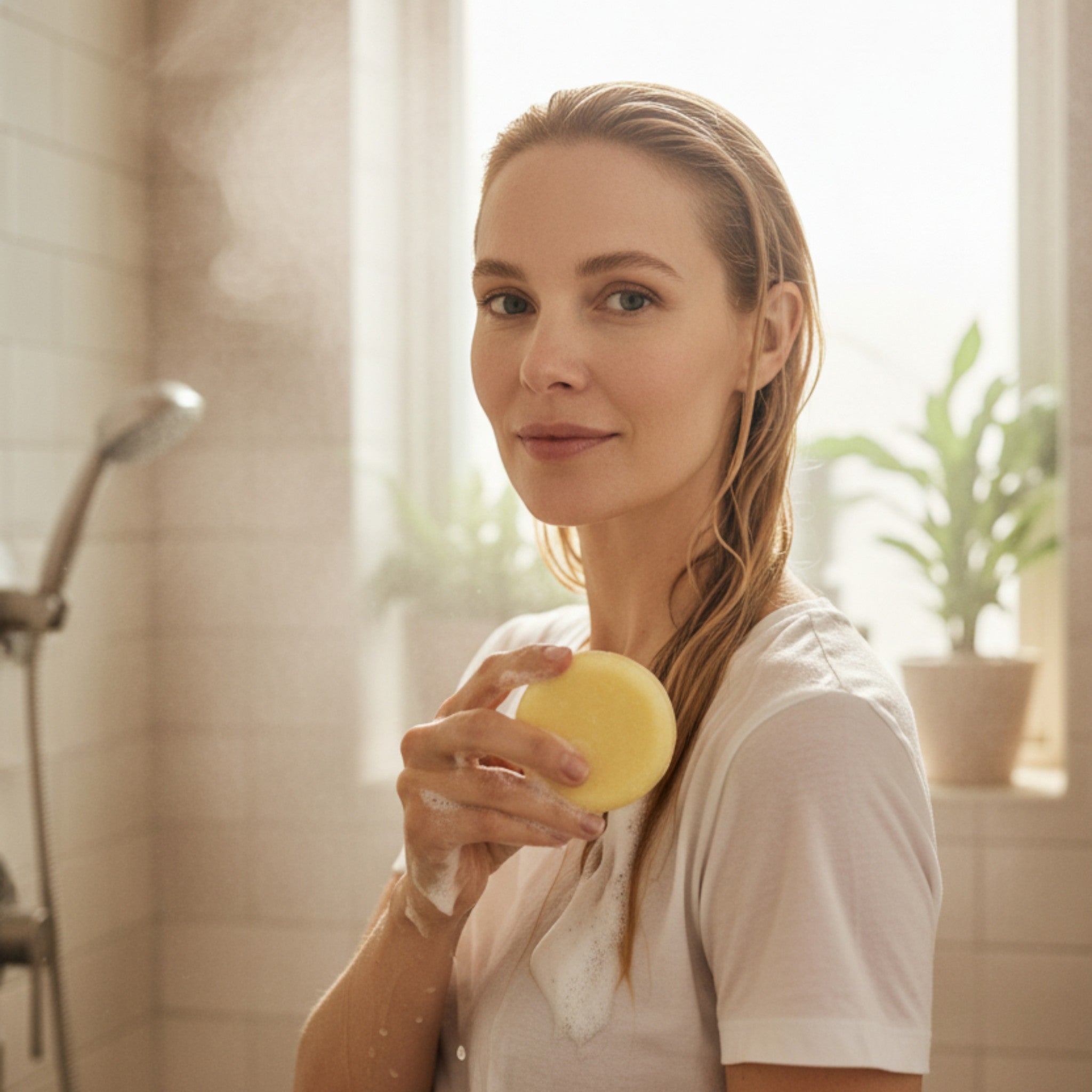 Kvinna i duschmiljö som håller Grow Natural Ingefära & Citron schampokaka och skapar ett mjukt lödder för en fräsch och balanserad hårbotten