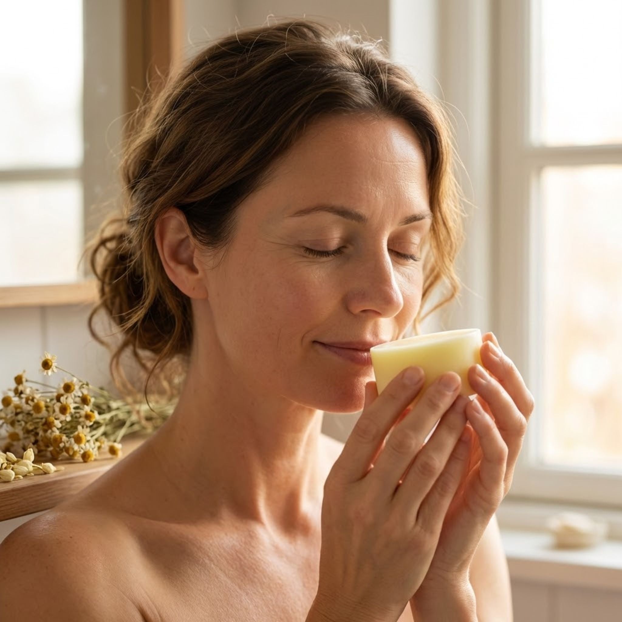 Kvinna som håller i Jasmin & Kamomill balsamkaka i mjukt naturligt ljus