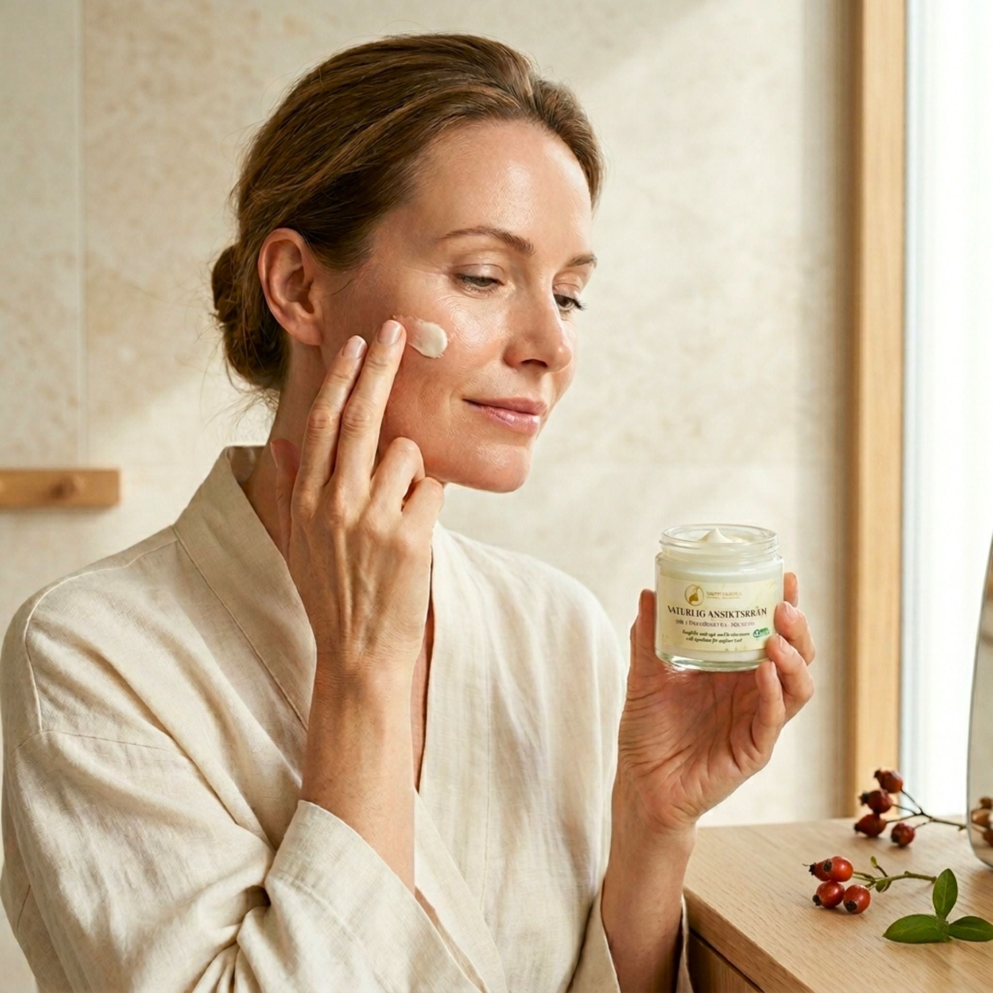 Kvinna applicerar naturlig ansiktskräm med hyaluronsyra och squalane från Grow Natural – återfuktande anti-age hudvård